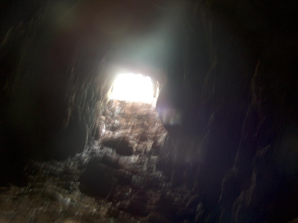 Inside the mine tunnel, looking out.
